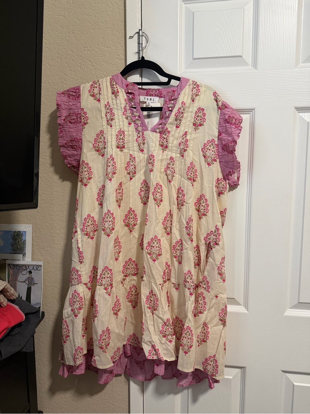 THMI Cream Midi Dress with Pink Floral Print